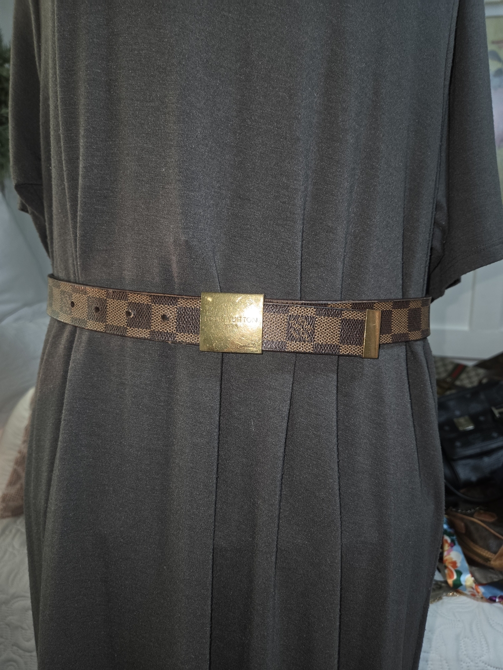 Louis Vuitton Brown Damier Canvas Gold Buckle Women's Belt